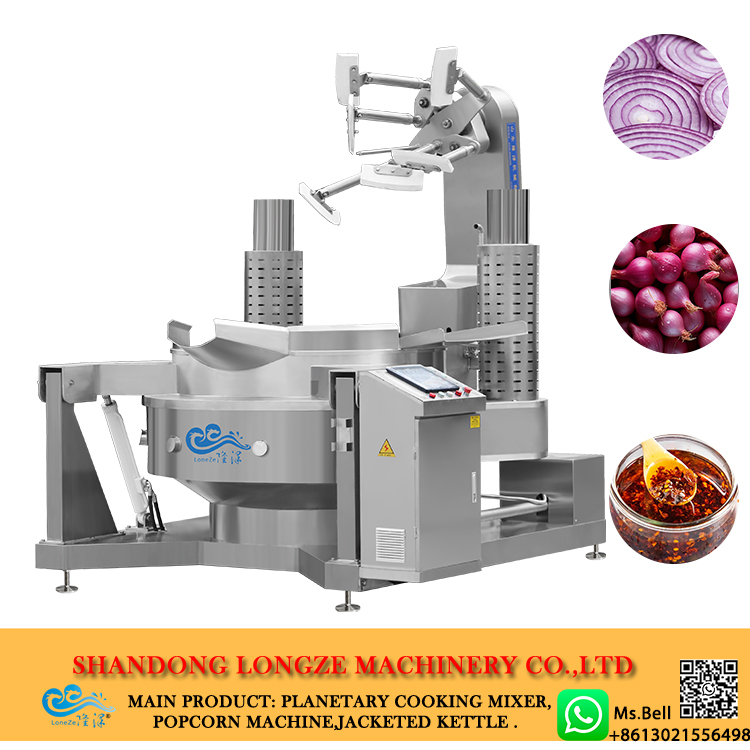 The precision of temperature control, uniformity of heating, and safety of materials are crucial for producing high-quality chili oil and scallion oil. Every step directly affects the color, aroma, and texture of the finished product. Ordinary cookware is prone to localized overheating during high-temperature frying, leading to scorching and bitterness of the spices; uneven heat distribution makes it difficult to control the oil temperature, preventing the full release of aromatic compounds. This is why food processing companies rely on professional-grade industrial cooking woks. As a industrial cooking mixer manufacturer, we have focused on the research and development and production of high-performance woks for decades.  We have developed a series of professional solutions specifically for the production of flavored oils such as chili oil and scallion oil. Core Technical Parameters and Features 1. Intelligent Temperature Control System, accuracy up to ±2℃ Digital temperature sensor for real-time monitoring Automatic adjustment of heating power to maintain the optimal extraction temperature (chili oil 160-180℃, scallion oil 110-130℃) Avoids aroma loss or scorching caused by temperature fluctuations. 2. Different Capacity Designs to Meet Batch Production Needs Series capacities from 50L to 1000L, suitable for different scales of production, ensuring consistent flavor even in large-scale production. 3. Food-Grade 304 Stainless Steel Inner Liner Corrosion-resistant, high-temperature resistant, does not react with food ingredients, mirror-polished surface, easy to clean and leaves no residue. For Chili Oil Production: Our cooking machine features a "stepped heating" function, which precisely controls the oil temperature throughout the entire process, from low-temperature infusion of flavor to high-temperature color extraction. This maximizes the extraction of capsaicin while preserving the red pigment of the chili peppers, resulting in a bright red, spicy yet not harsh finished oil. For Scallion Oil Production: The unique "low-temperature slow frying" mode maintains stable heating within the ideal temperature range of 110-130℃, allowing the flavor compounds in the white and green parts of the scallions to be released slowly, avoiding bitterness caused by high temperatures, resulting in a golden, translucent, and intensely aromatic scallion oil.  Whether for small-batch artisanal production or large-scale standardized production, we can provide the most suitable solution for you. Please feel free to contact us.