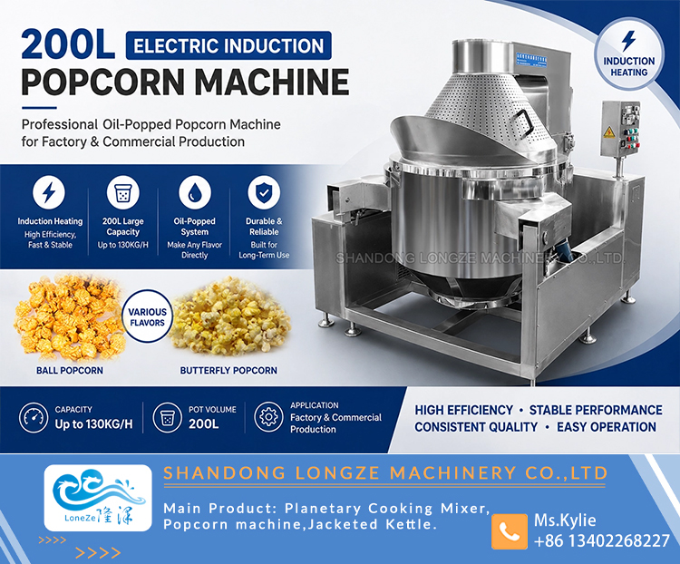 Why Industrial Popcorn Machines Matter in Modern Snack Production The global snack market continues to grow, and popcorn remains one of the most popular products because it is affordable, versatile, and easy to flavor. However, commercial popcorn production is very different from home use. A factory must consider output, temperature consistency, labor efficiency, food safety, equipment durability, and maintenance costs. A small machine may be enough for testing or retail use, but it will quickly become a limitation when production demand increases. Industrial popcorn machines solve this problem by offering: *Larger batch capacity *More stable heating performance *Better mixing consistency *Stronger construction for repeated use *Easier integration with downstream equipment For a manufacturer, these advantages translate into more stable product quality and better productivity. For a buyer, they mean lower long-term cost and fewer interruptions.  Main Features of an Industrial Popcorn Machine A professional popcorn machine should do more than heat kernels. It should support efficient and repeatable production. Our industrial popcorn machine is designed with this goal in mind. One of the most important features is the heating system. Stable heat ensures that the kernels pop evenly and that the final product has a uniform texture. Uneven heating can cause burning, unpopped kernels, or poor flavor performance. Industrial equipment helps reduce these problems. Another important feature is the mixing system. During production, ingredients must be stirred evenly so that the heat is distributed properly and flavoring or sugar is mixed consistently. This is especially important for caramel popcorn and other coated snack products. The machine also uses a durable stainless steel structure. Stainless steel is widely preferred in food processing because it is hygienic, corrosion-resistant, and easy to clean. For factories that need daily production, this is essential. Other key advantages include: *High production efficiency *Easy operation *Simple cleaning and maintenance *Stable performance during long production cycles *Flexible customization options  Working Principle of the Industrial Popcorn Machine Although different models may have different configurations, the basic working principle is similar. The raw material is loaded into the kettle or cooking chamber, where the heating system begins to raise the temperature. At the same time, the stirring system keeps the ingredients moving evenly so that the heat reaches all parts of the batch. As the kernels reach the required temperature, they pop and expand. For flavored products, additional ingredients such as sugar, butter, oil, or seasoning can be added at the appropriate stage. After popping, the finished product is discharged from the machine and transferred to the next processing step, such as conveyor, detach, cooling, flavoring, or packaging. This workflow helps the factory maintain production consistency and reduce labor intensity. It also makes the equipment easier to integrate into a larger popcorn processing line.  Applications of Industrial Popcorn Machines Industrial popcorn machines are widely used in different production settings. They are ideal for: *Snack food factories *Commercial popcorn workshops *Food processing plants *OEM snack manufacturing projects *Export-oriented production lines *Private label snack brands Because popcorn can be sold in many forms, the machine can serve multiple product categories. Some businesses focus on classic salted popcorn, while others produce sweet popcorn, caramel popcorn, or movie-theater-style flavored products. The flexibility of the equipment makes it attractive to buyers in many markets.  How to Choose the Right Industrial Popcorn Machine When selecting a popcorn machine for commercial use, buyers should consider several factors. 1. Capacity The machine should match your planned production output. A machine that is too small will limit growth, while an oversized machine may increase unnecessary investment. 2. Heating Method Different heating methods suit different factory conditions. Gas heating is often valued for strong output and lower operating cost in some markets. Electric and induction heating may be preferred where precision or energy efficiency is a priority. 3. Material and Durability Food-grade stainless steel is recommended for hygiene and long-term use. The frame and structure should also be strong enough for continuous production. 4. Customization Every factory has different voltage standards, factory layouts, and production targets. A good supplier should offer customizable solutions instead of only standard models.  Technical Data Model	Heating Mode	Diameter	Motor Power	Stirring Speed	Discharge Type	Control Mode	Production efficiency	Overall dimensions Gas	LPG	700mm	1.5kw	0-80r/min	Automatically  Hydraulic	Button	50kg/h	1207*1500*1500 Electric Induction	Electric Induction 20kw	700mm	1.5kw	0-80r/min	Automatically  Hydraulic	Button/Intelligence	75kg/h	1565*1373*1606 Intelligence Electric Induction	Electric Induction 40kw	900mm	2.2kw	0-80r/min	Automatically  Hydraulic	Button/Intelligence/Automatic Feeding	130kg/h	1541*1851*1675   Conclusion An industrial popcorn machine is a practical investment for any business that wants to produce popcorn efficiently and consistently on a commercial scale. It helps improve output, reduce manual labor, and support different product styles. For snack factories and food processing companies, this equipment can become an important part of a profitable production system. If you are looking for an industrial popcorn machine for commercial popcorn production, contact us for technical details, customization options, and a tailored quotation.