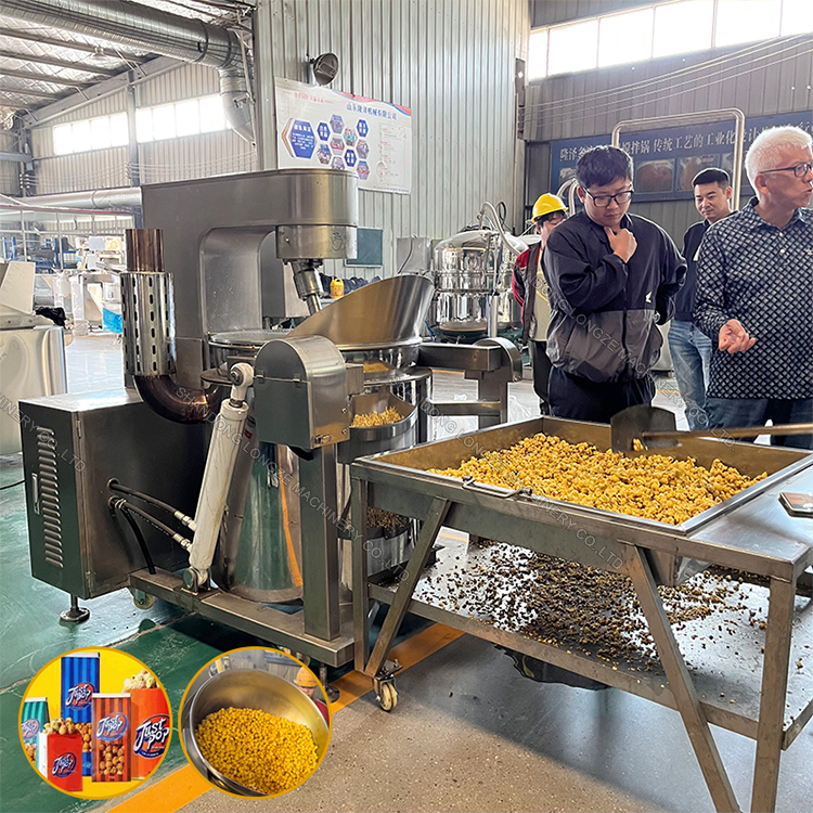 In the field of food processing, efficient, convenient and quality-guaranteed equipment is essential. Our industrial fully automatic popcorn making machine is such an excellent product, bringing a new experience to your popcorn production.  Longze popcorn machine uses oil popping.Our popcorn machine can produce any flavored popcorn directly,no need for other flavor coating machine.Our clients have expanded their businesses using our popcorn machines. We have 2 types of popcorn machines, gas heated and electric induction heated. They have different features with different price. You may also choose to use production line or not.The production line provides automatic conveying，detaching,cooling and sifting. 1.Gas popcorn machine: 100L,3kw, LPG gas heating, capacity 55kg/h. 2.Induction popcorn machine:      1) 100L, 23Kw, electric induction heating, capacity 75kg/h, temperature monitor & control.     2) 200L, 43Kw, electric induction heating, capacity 130kg/h, temperature monitor & control. We also have popcorn production line for you to choose. The popcorn production line consists of four parts: Conveyor, Detaching, Cooling, and Sifting Roller. The shortest production line is 7 meters which can accommodate one popcorn machine. 9 meters can accommodate 2 units,10 meters can accommodate 3 units.    Automatic Caramel Popcorn Machine,Large Commercial Popcorn Making Machine,Industrial Popcorn Machine for Sale 一. Appearance and design This popcorn machine is made of sturdy and durable materials with a stylish appearance. Its compact design does not take up too much space, and it can be easily placed in both small processing plants and large food production workshops. The operation panel is simple and clear, easy to operate, and even novices can quickly get started.  Automatic Caramel Popcorn Machine,Large Commercial Popcorn Making Machine,Industrial Popcorn Machine for Sale  二. Powerful functional characteristics  1. Fully automatic operation: It realizes a fully automated process from raw material input to finished product output, greatly saving labor costs. You only need to put corn kernels and an appropriate amount of oil, sugar and other raw materials into the machine, and it can automatically complete a series of processes such as heating, stirring, and popping to ensure that each popcorn is full and uniform.  2. Gas heating: It adopts an efficient gas heating system with rapid heating and high thermal efficiency. It can reach the ideal popcorn making temperature in a short time, greatly shortening the production cycle. At the same time, the gas heating method is more energy-saving and environmentally friendly, reducing operating costs.  3. Electromagnetic heating: This is an advanced heating method with the advantages of uniform heating, precise temperature control, safety and reliability. Electromagnetic heating uses the principle of electromagnetic induction to make the pot body itself heat up, avoiding the local overheating phenomenon that may occur in traditional heating methods. It can accurately control the temperature to ensure that each popcorn is heated uniformly, so as to produce crispy, sweet and delicious popcorn.  4. Precise temperature control: The built-in advanced temperature control system can accurately control the popcorn temperature. This not only ensures the taste and quality of the popcorn, but also effectively avoids insufficient popping or burning caused by too high or too low temperature.  5. Large capacity design: It meets the needs of industrial production and can produce a large amount of popcorn at a time. Whether it is to meet the supply of large-scale events or to carry out batch production and sales, it can be easily dealt with.    三. High-quality product quality  1. Food safety: Our popcorn machine strictly follows food safety standards and is made of food-grade materials to ensure that the popcorn is not contaminated during the production process. Let consumers eat with confidence and establish a good reputation for your brand.  2. Excellent taste: Through precise temperature control and mixing technology, the popcorn produced is crispy, sweet and delicious. Each popcorn is full and round, with a golden color, which increases people's appetite.  3. High stability: After strict quality inspection and optimized design, this popcorn machine has extremely high stability and reliability. It can also maintain good performance in long-term continuous production, reducing equipment failures and maintenance costs.    四. Wide range of application scenarios  Industrial fully automatic gas popcorn machines and electromagnetic popcorn machines are suitable for various occasions, such as cinemas, amusement parks, supermarkets, snack bars, etc. They can also be used as professional production equipment in food processing plants to bring efficient production benefits to enterprises.  Choosing our industrial fully automatic gas popcorn machines and electromagnetic popcorn machines means choosing efficient, convenient and high-quality popcorn production solutions. Let us work together to bring delicious popcorn to consumers and create more commercial value.