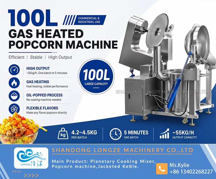 Why Industrial Popcorn Machines Matter in Modern Snack Production The global snack market continues to grow, and popcorn remains one of the most popular products because it is affordable, versatile, and easy to flavor. However, commercial popcorn production is very different from home use. A factory must consider output, temperature consistency, labor efficiency, food safety, equipment durability, and maintenance costs. A small machine may be enough for testing or retail use, but it will quickly become a limitation when production demand increases. Industrial popcorn machines solve this problem by offering: *Larger batch capacity *More stable heating performance *Better mixing consistency *Stronger construction for repeated use *Easier integration with downstream equipment For a manufacturer, these advantages translate into more stable product quality and better productivity. For a buyer, they mean lower long-term cost and fewer interruptions.  Main Features of an Industrial Popcorn Machine A professional popcorn machine should do more than heat kernels. It should support efficient and repeatable production. Our industrial popcorn machine is designed with this goal in mind. One of the most important features is the heating system. Stable heat ensures that the kernels pop evenly and that the final product has a uniform texture. Uneven heating can cause burning, unpopped kernels, or poor flavor performance. Industrial equipment helps reduce these problems. Another important feature is the mixing system. During production, ingredients must be stirred evenly so that the heat is distributed properly and flavoring or sugar is mixed consistently. This is especially important for caramel popcorn and other coated snack products. The machine also uses a durable stainless steel structure. Stainless steel is widely preferred in food processing because it is hygienic, corrosion-resistant, and easy to clean. For factories that need daily production, this is essential. Other key advantages include: *High production efficiency *Easy operation *Simple cleaning and maintenance *Stable performance during long production cycles *Flexible customization options  Working Principle of the Industrial Popcorn Machine Although different models may have different configurations, the basic working principle is similar. The raw material is loaded into the kettle or cooking chamber, where the heating system begins to raise the temperature. At the same time, the stirring system keeps the ingredients moving evenly so that the heat reaches all parts of the batch. As the kernels reach the required temperature, they pop and expand. For flavored products, additional ingredients such as sugar, butter, oil, or seasoning can be added at the appropriate stage. After popping, the finished product is discharged from the machine and transferred to the next processing step, such as conveyor, detach, cooling, flavoring, or packaging. This workflow helps the factory maintain production consistency and reduce labor intensity. It also makes the equipment easier to integrate into a larger popcorn processing line.  Applications of Industrial Popcorn Machines Industrial popcorn machines are widely used in different production settings. They are ideal for: *Snack food factories *Commercial popcorn workshops *Food processing plants *OEM snack manufacturing projects *Export-oriented production lines *Private label snack brands Because popcorn can be sold in many forms, the machine can serve multiple product categories. Some businesses focus on classic salted popcorn, while others produce sweet popcorn, caramel popcorn, or movie-theater-style flavored products. The flexibility of the equipment makes it attractive to buyers in many markets.  How to Choose the Right Industrial Popcorn Machine When selecting a popcorn machine for commercial use, buyers should consider several factors. 1. Capacity The machine should match your planned production output. A machine that is too small will limit growth, while an oversized machine may increase unnecessary investment. 2. Heating Method Different heating methods suit different factory conditions. Gas heating is often valued for strong output and lower operating cost in some markets. Electric and induction heating may be preferred where precision or energy efficiency is a priority. 3. Material and Durability Food-grade stainless steel is recommended for hygiene and long-term use. The frame and structure should also be strong enough for continuous production. 4. Customization Every factory has different voltage standards, factory layouts, and production targets. A good supplier should offer customizable solutions instead of only standard models.  Technical Data Model	Heating Mode	Diameter	Motor Power	Stirring Speed	Discharge Type	Control Mode	Production efficiency	Overall dimensions Gas	LPG	700mm	1.5kw	0-80r/min	Automatically  Hydraulic	Button	50kg/h	1207*1500*1500 Electric Induction	Electric Induction 20kw	700mm	1.5kw	0-80r/min	Automatically  Hydraulic	Button/Intelligence	75kg/h	1565*1373*1606 Intelligence Electric Induction	Electric Induction 40kw	900mm	2.2kw	0-80r/min	Automatically  Hydraulic	Button/Intelligence/Automatic Feeding	130kg/h	1541*1851*1675   Conclusion An industrial popcorn machine is a practical investment for any business that wants to produce popcorn efficiently and consistently on a commercial scale. It helps improve output, reduce manual labor, and support different product styles. For snack factories and food processing companies, this equipment can become an important part of a profitable production system. If you are looking for an industrial popcorn machine for commercial popcorn production, contact us for technical details, customization options, and a tailored quotation.